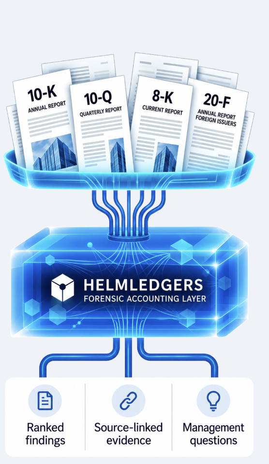 Filings pass through the Helmledgers forensic accounting layer into ranked findings, source-linked evidence and management questions