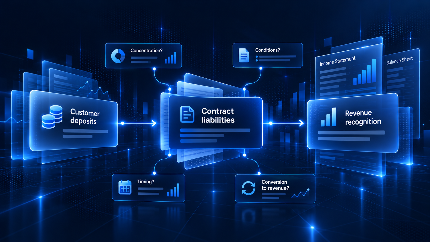 Flow diagram showing customer deposits feeding into contract liabilities and revenue recognition, with questions about concentration, conditions, timing and conversion to revenue