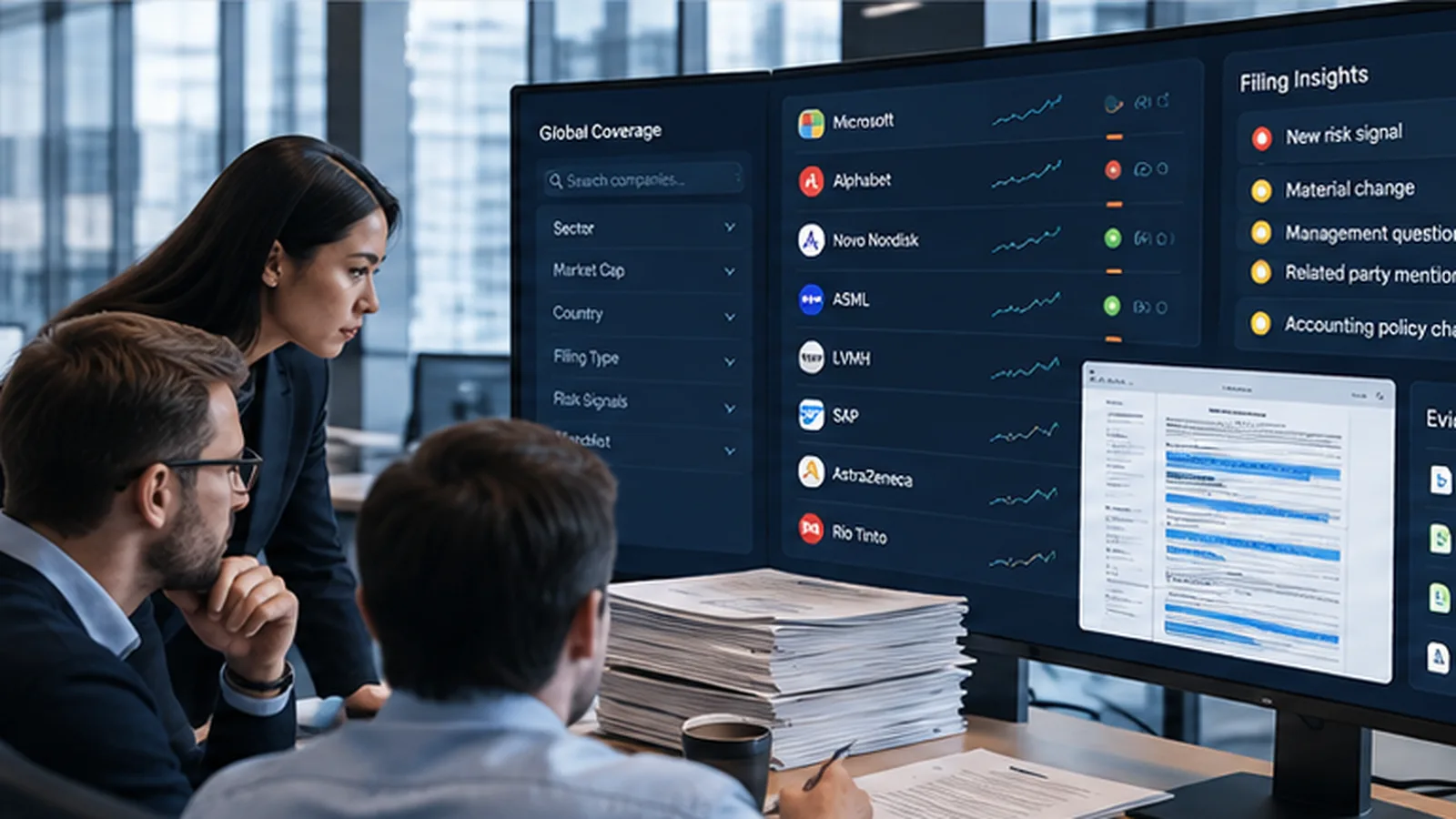 A broad universe of companies sorted through a prioritisation matrix into a small number of focused analyst review tracks.